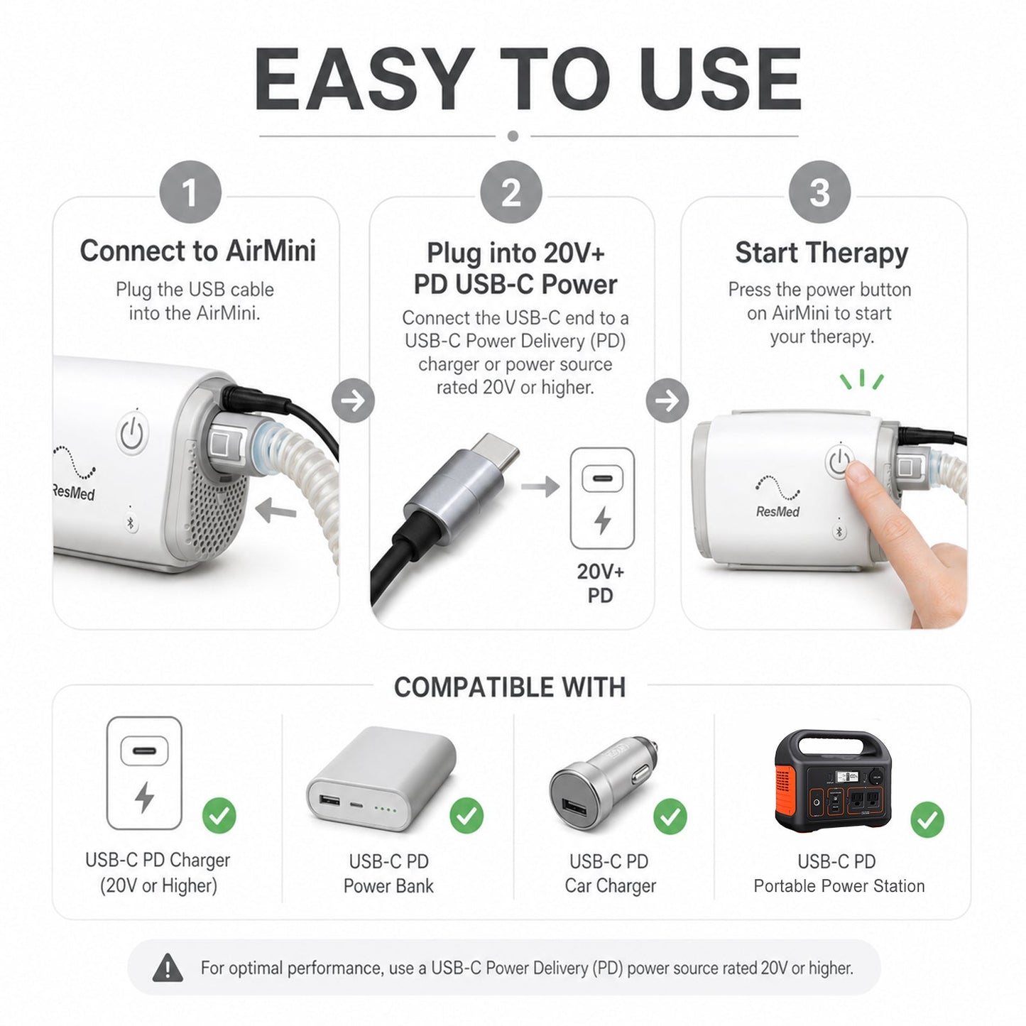 USB-C Power Cord for ResMed AirMini – Use with Power Banks & Car Chargers - ONINCE